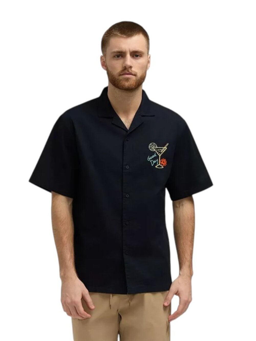Matix Mens L Black Lightweight Twill Embroidered Short Sleeve Button Down Shirt